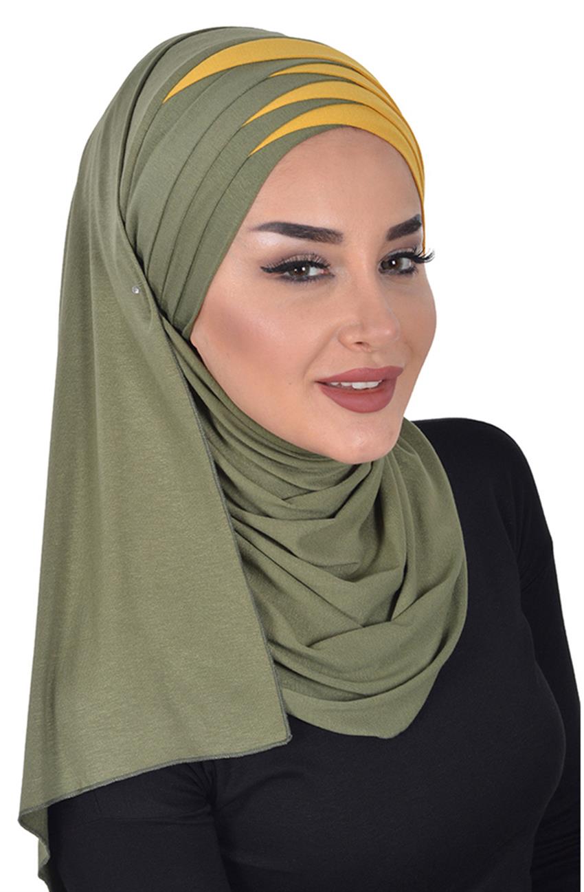 Ayse Tasarim Iki Renkli Pratik Penye Sal Haki Yesil Hardal Cps 0049 13 11 E Tesettur Com Tr