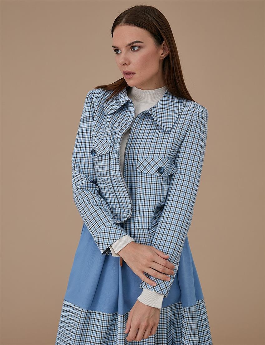Kayra Kareli Crop Ceket Mavi A9 13061 E Tesettur Com Tr